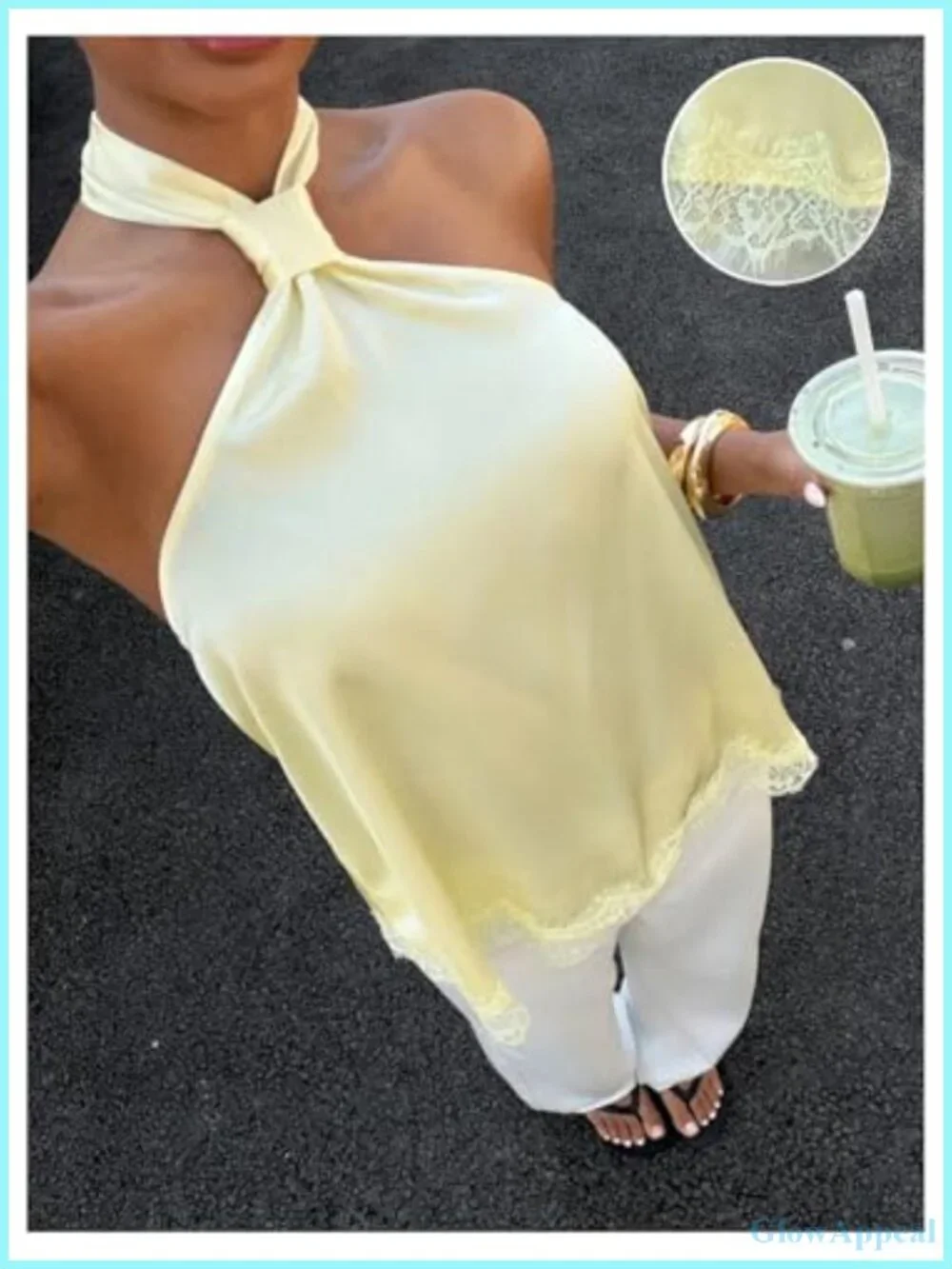 Satin Lace Halter Tank Top Sleeveless Open Back Slim Fit Dressy Top